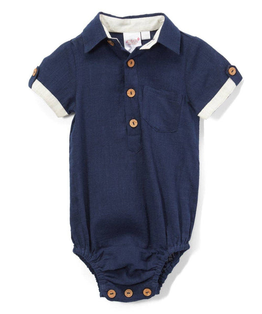 Half-Sleeve Shirt Romper - Navy