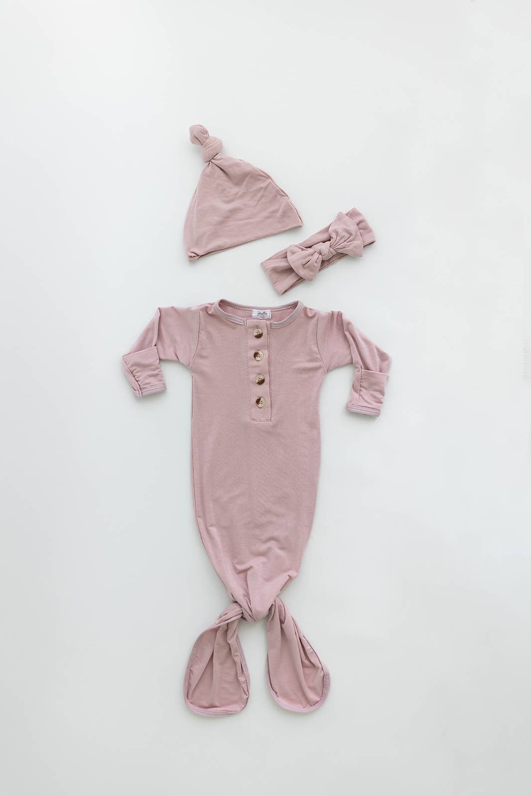 Knotted Baby Gown, Hat & Headband Set / Dusty Rose